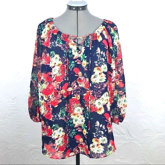 CB Established 1962 Navy Floral Semi Sheer blouse - Picture 1 of 10